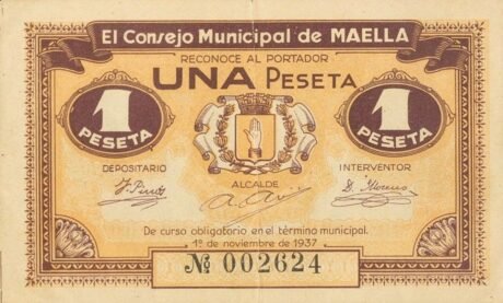 Аверс банкноты 1 peseta Maella (Hiszpania) 1937