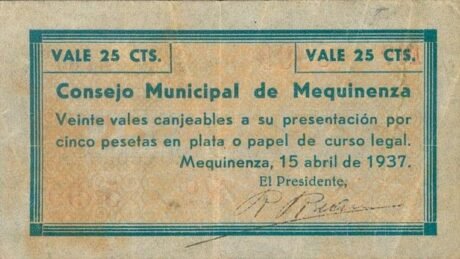 Аверс банкноты 25 centymów Mequinense (Hiszpania) 1937