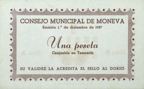 Аверс банкноты 1 peseta Moneva (Spain) 1937