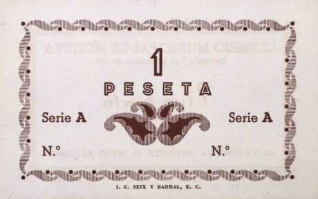 Реверс банкноты 1 peseta Moneva (Spain) 1937