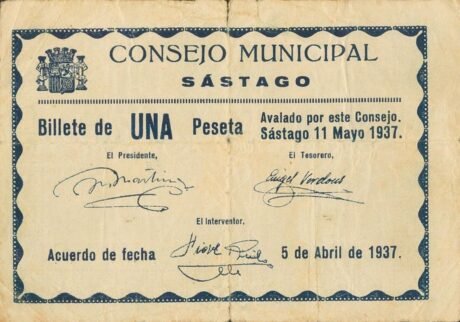 Аверс банкноты 1 песета Састаго (Испания) 1937 года