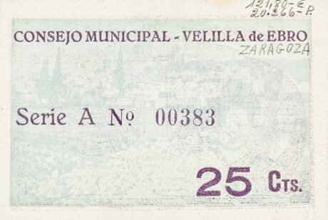 Реверс банкноты 25 сантимов Велилья де Эбро (Испания) 1937 года