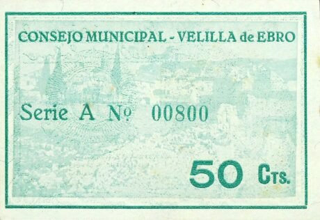 Реверс банкноты 50 сантимов Велилья де Эбро (Испания) 1937 года