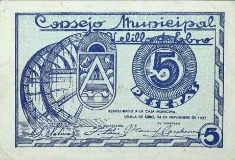 Аверс банкноты 5 peset Velilla de Ebro (Hiszpania) 1937
