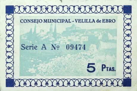 Реверс банкноты 5 peset Velilla de Ebro (Hiszpania) 1937