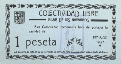 Аверс банкноты 1 песета Вильяр де лос Наваррос (Испания) 1937 года