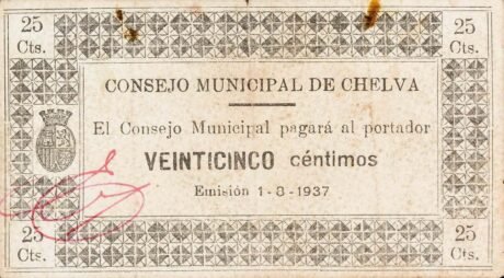 Аверс банкноты 25 centymów Chelva (Hiszpania) 1937