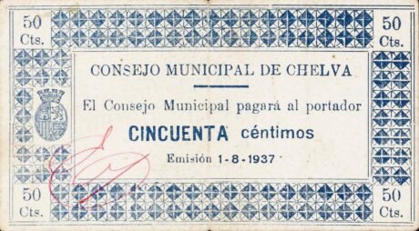 Аверс банкноты 50 сантимов Челва (Испания) 1937 года