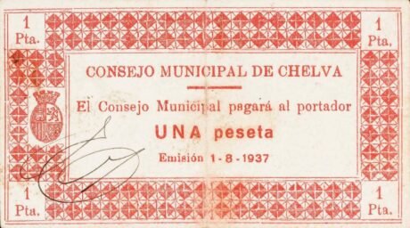 Аверс банкноты 1 peseta Chelva (Spain) 1937
