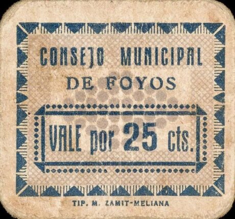 Аверс банкноты 25 сантимов Фойо (Испания)