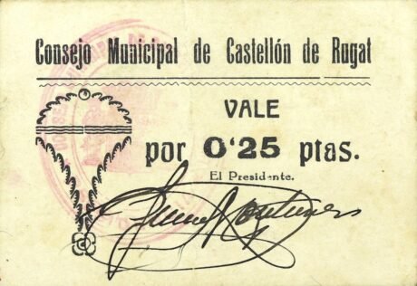 Аверс банкноты 0,25 песета Кастельон-де-Ругат (Испания)