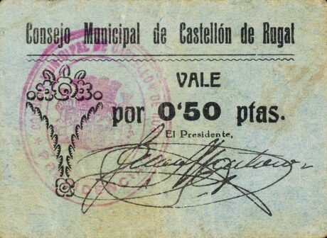 Аверс банкноты 0,50 песетас Кастельон-де-Ругат (Испания)