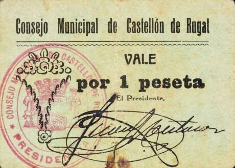 Аверс банкноты 1 песета Кастельон-де-Ругат (Испания)