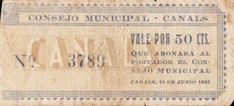 Аверс банкноты 50 сантимов Каналы (Испания) 1937 года