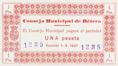Аверс банкноты 1 песета Бетера (Испания) 1937 года