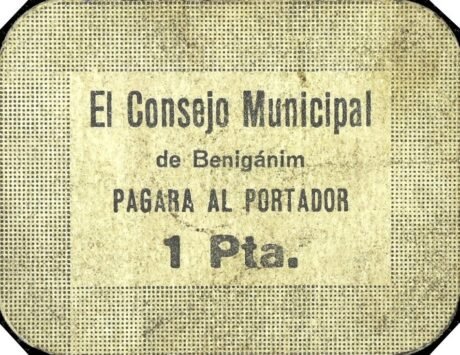 Аверс банкноты 1 песета бениганим (Испания)