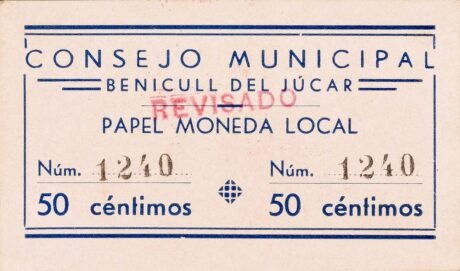 Аверс банкноты 50 сантимов Беникуль дель Хукар (Испания)
