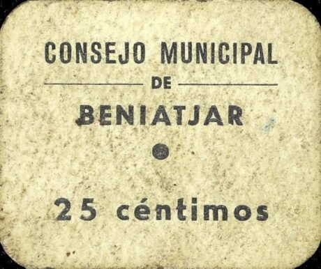 Аверс банкноты 25 сантимов Бениатжар (Испания)