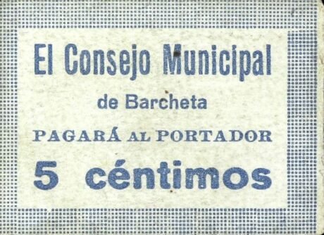 Аверс банкноты 5 centymów Barcheta (Hiszpania)