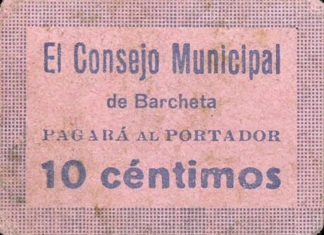 Аверс банкноты 10 centymów Barcheta (Hiszpania)