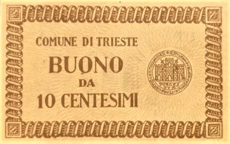 Аверс банкноты 10 Чентезими Коммуны Триеста (Италия) 1945 года