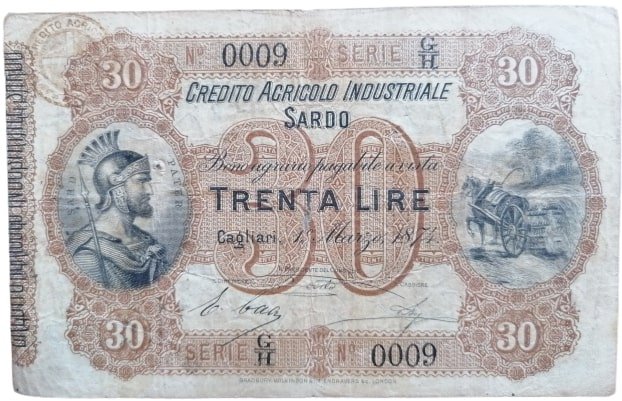 Аверс банкноты 30 лир Credito Agicolo Industriale Sardo (Италия) 1874 года