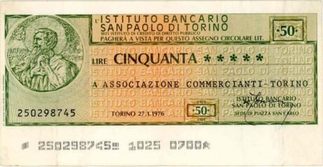 Аверс банкноты 50 lirów Istituto Bancario San Paolo di Torino (Włochy) 1976