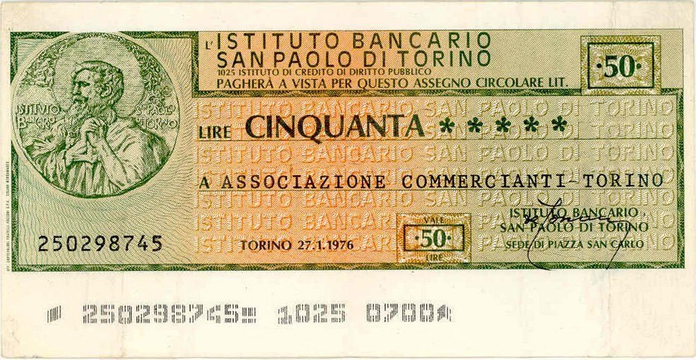 Аверс банкноты 50 лир Istituto Bancario San Paolo di Torino (Италия) 1976 года