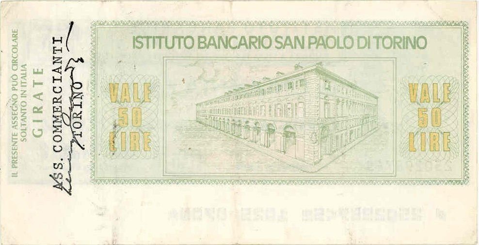 Реверс банкноты 50 лир Istituto Bancario San Paolo di Torino (Италия) 1976 года