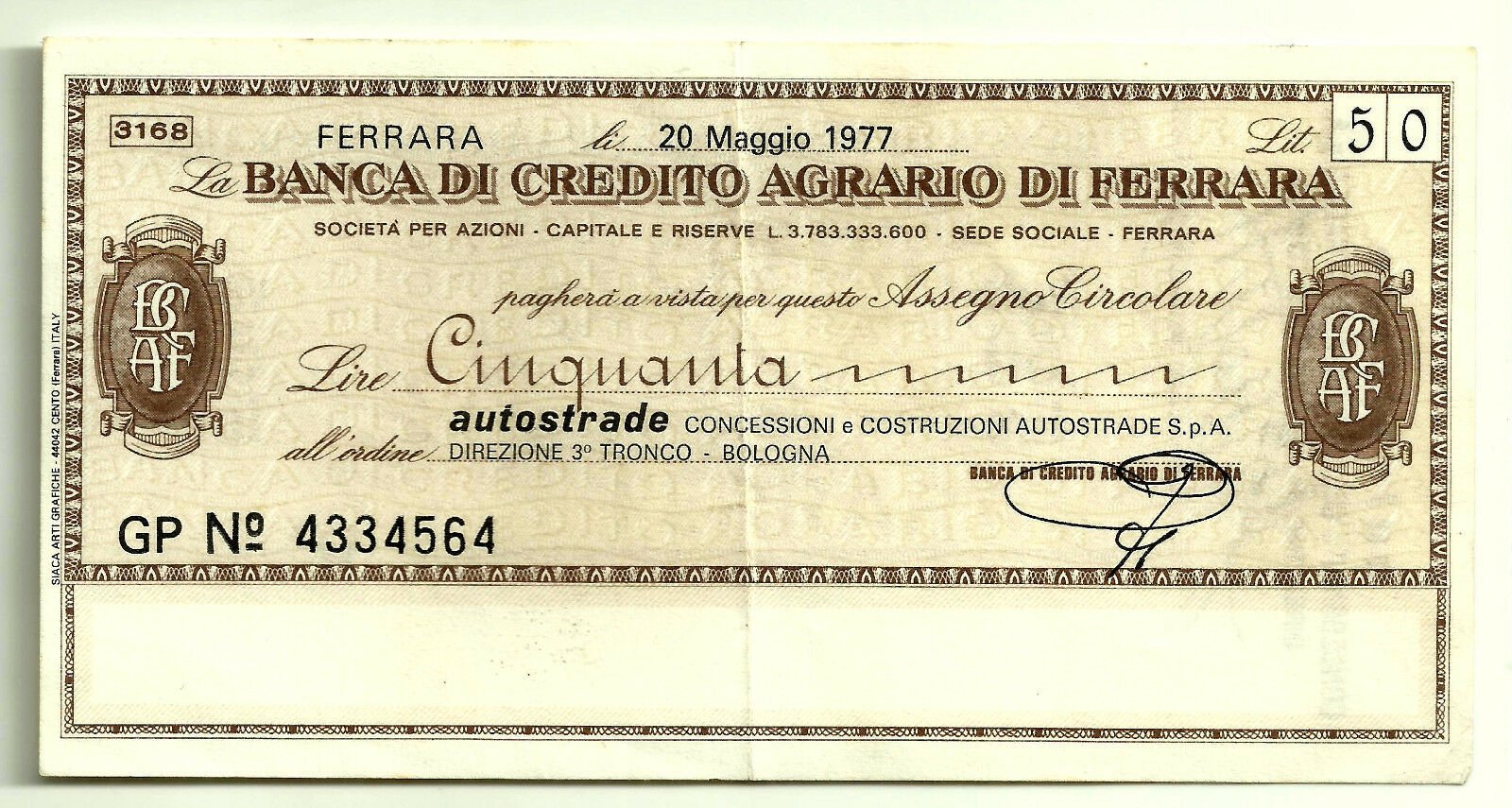 Аверс банкноты 50 лир Banca di Credito Agrario di Ferrara (Италия) 1976 года