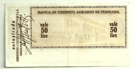 Реверс банкноты 50 lirów Banca di Credito Agrario di Ferrara (Włochy) 1976