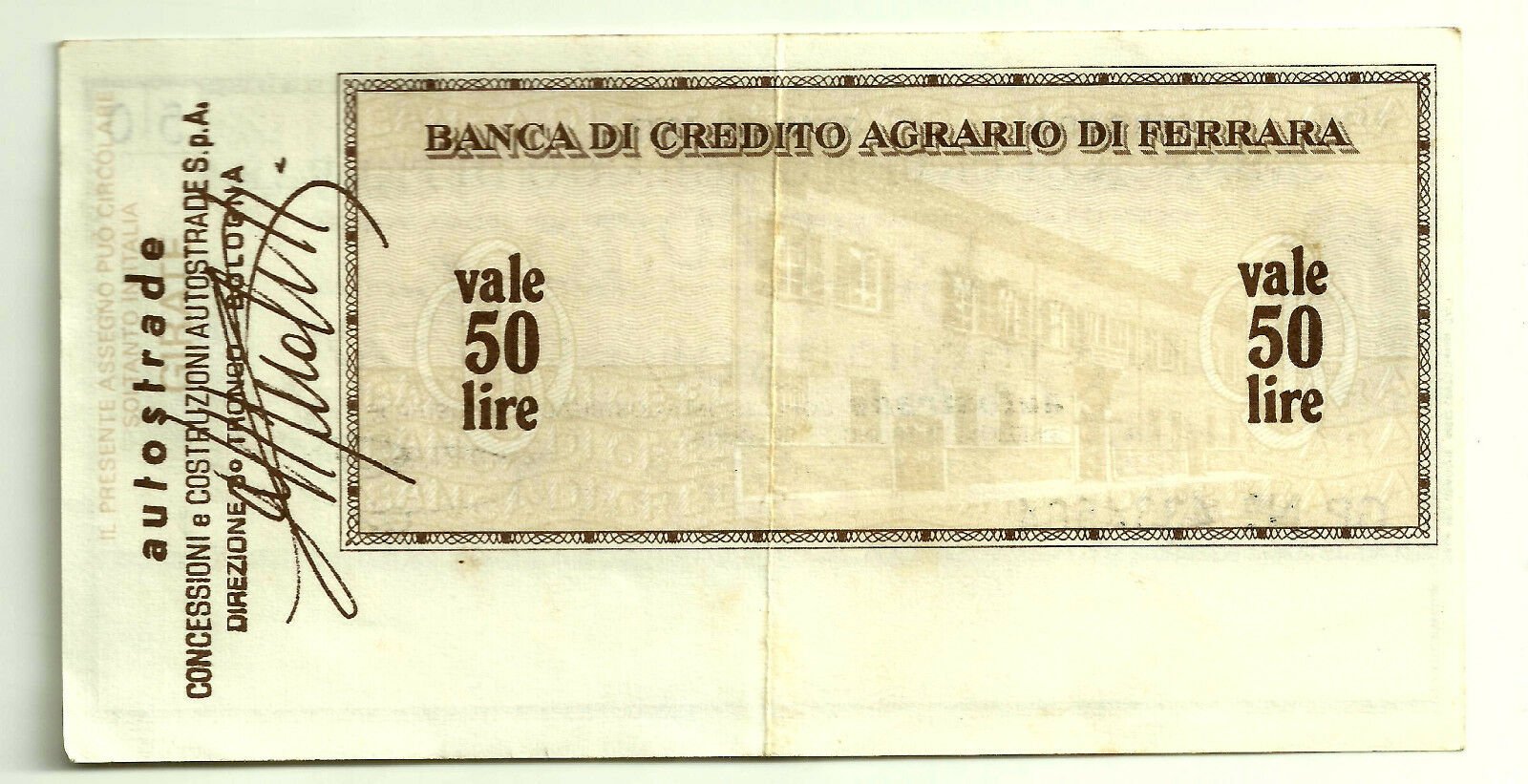 Реверс банкноты 50 лир Banca di Credito Agrario di Ferrara (Италия) 1976 года