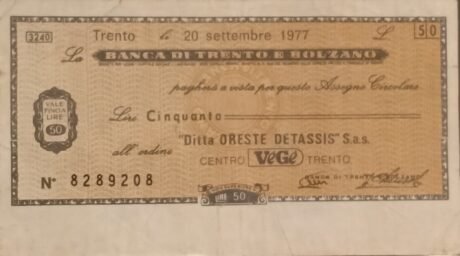 Аверс банкноты 50 лир Banca di Trento e Bolzano — 1-й тип (Италия) 1976 года