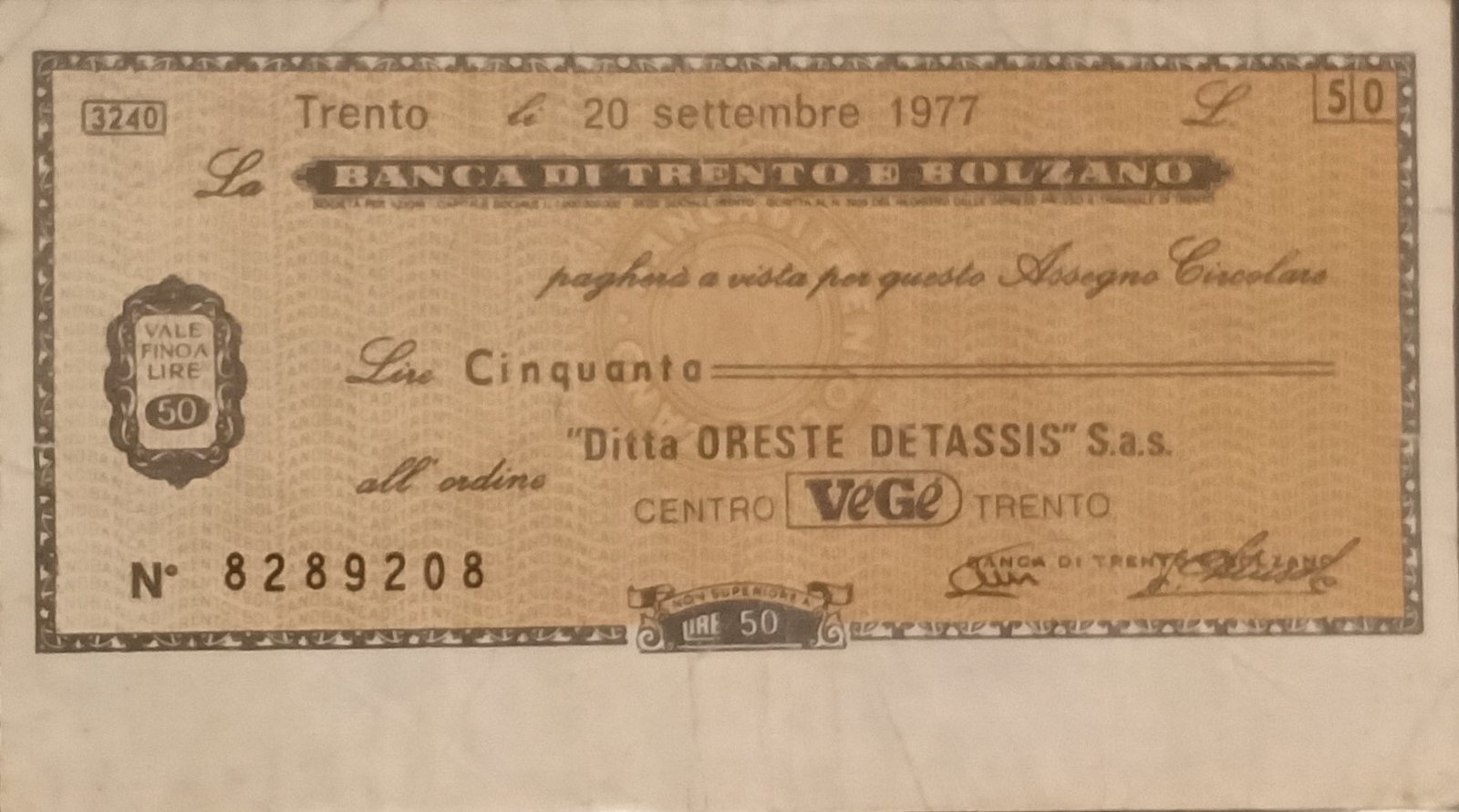 Аверс банкноты 50 лир Banca di Trento e Bolzano - 1-й тип (Италия) 1976 года