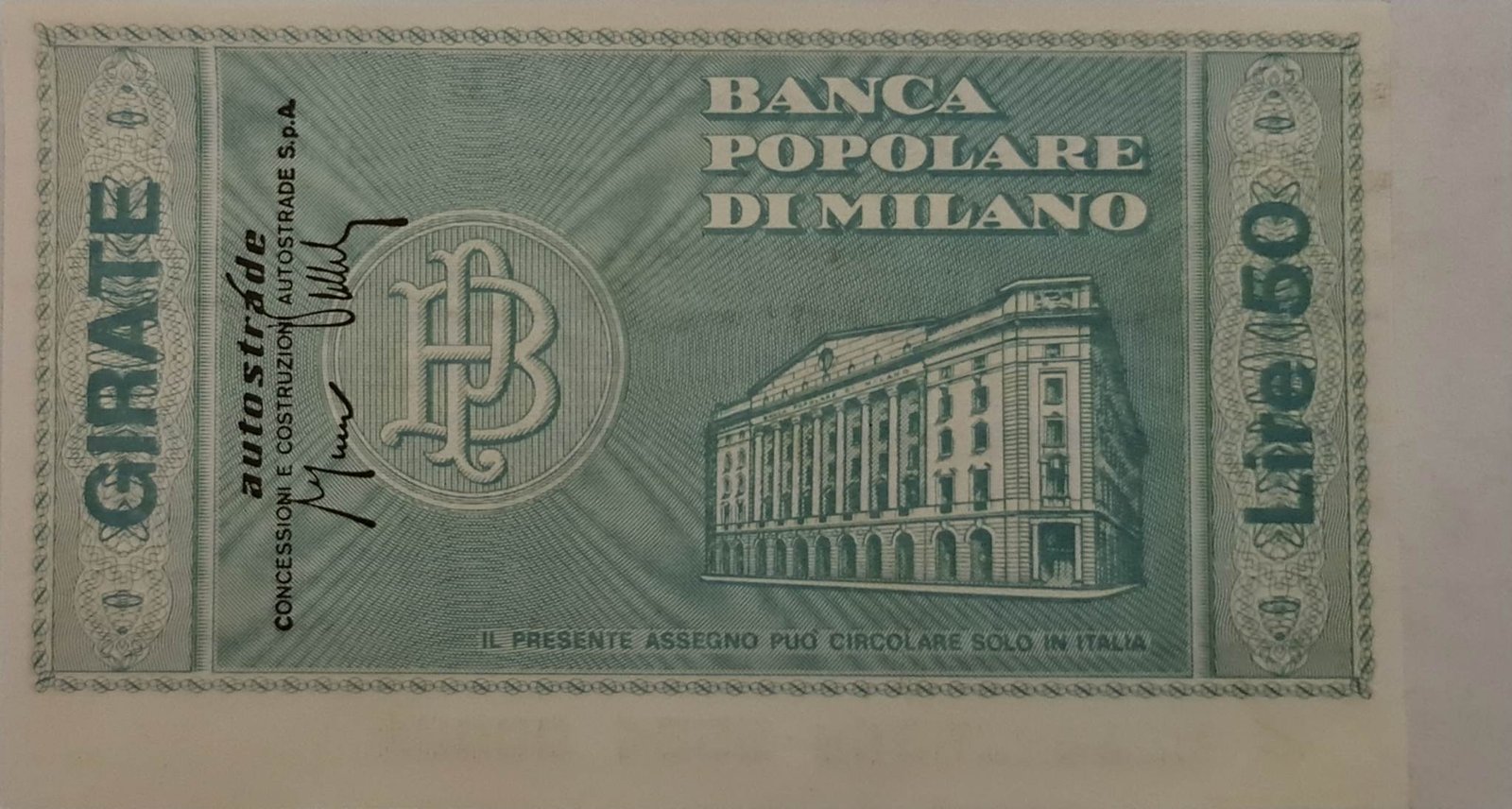 Реверс банкноты 50 лир Banca Popolare di Milano (Италия) 1976 года