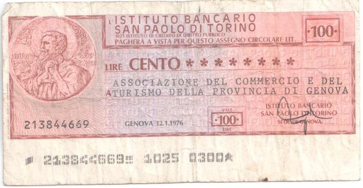 Аверс банкноты 100 лир Istituto Bancario San Paolo di Torino (Италия) 1975 года