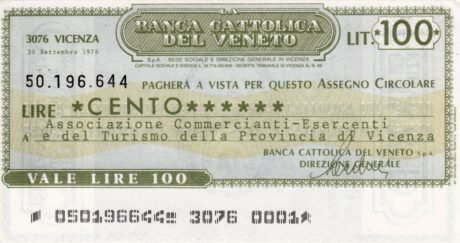 Аверс банкноты 100 lirów Banca Cattolica del Veneto (Włochy) 1976