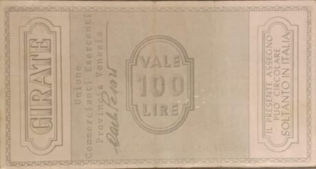 Реверс банкноты 100 lirów Banca Cattolica del Veneto (Włochy) 1976