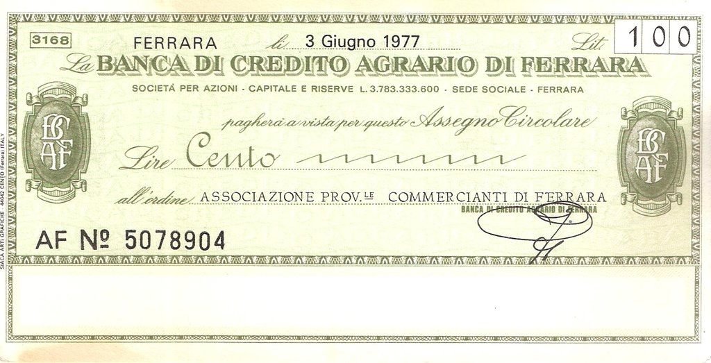 Аверс банкноты 100 лир Banca di Credito Agrario di Ferrara (Италия) 1976 года