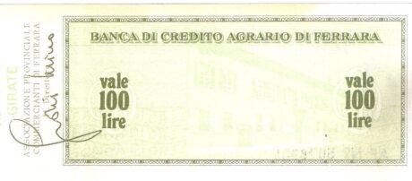 Реверс банкноты 100 lirów Banca di Credito Agrario di Ferrara (Włochy) 1976