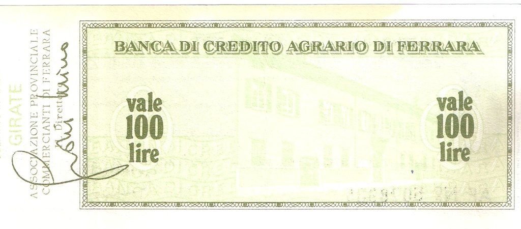 Реверс банкноты 100 лир Banca di Credito Agrario di Ferrara (Италия) 1976 года