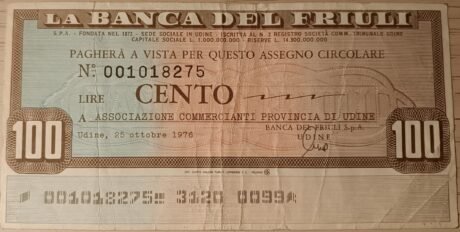 Аверс банкноты 100 lirów Banca del Friuli (Włochy) 1976