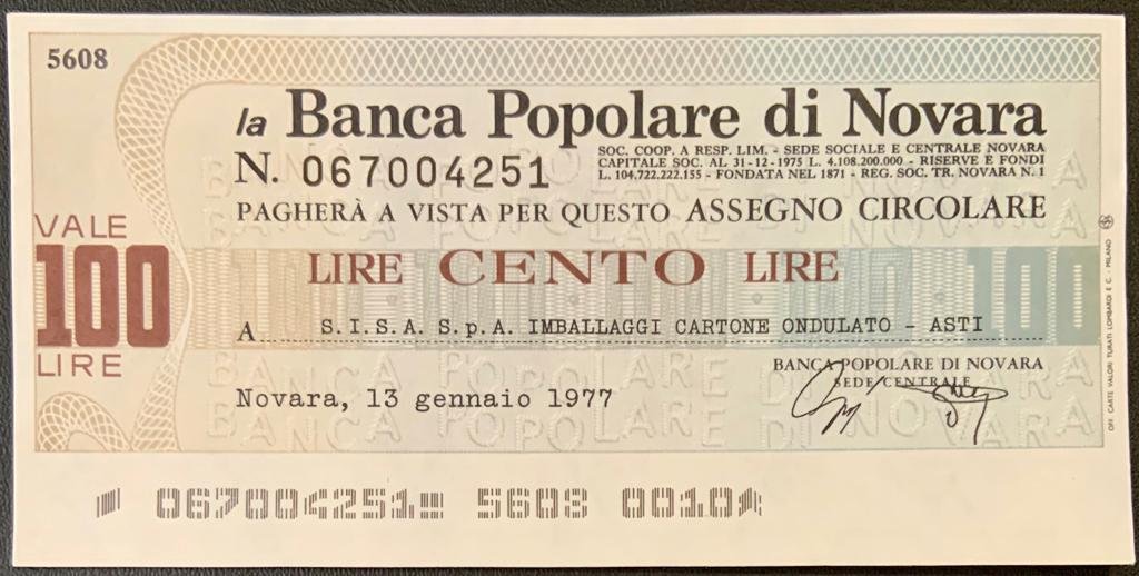 Аверс банкноты 100 лир Banca Popolare di Novara (Италия) 1976 года