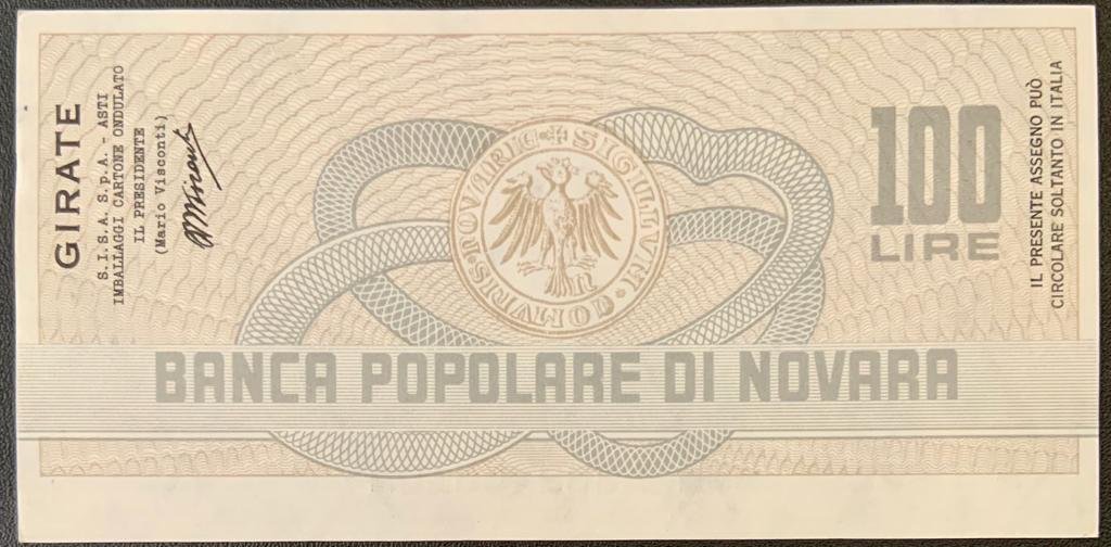 Реверс банкноты 100 лир Banca Popolare di Novara (Италия) 1976 года