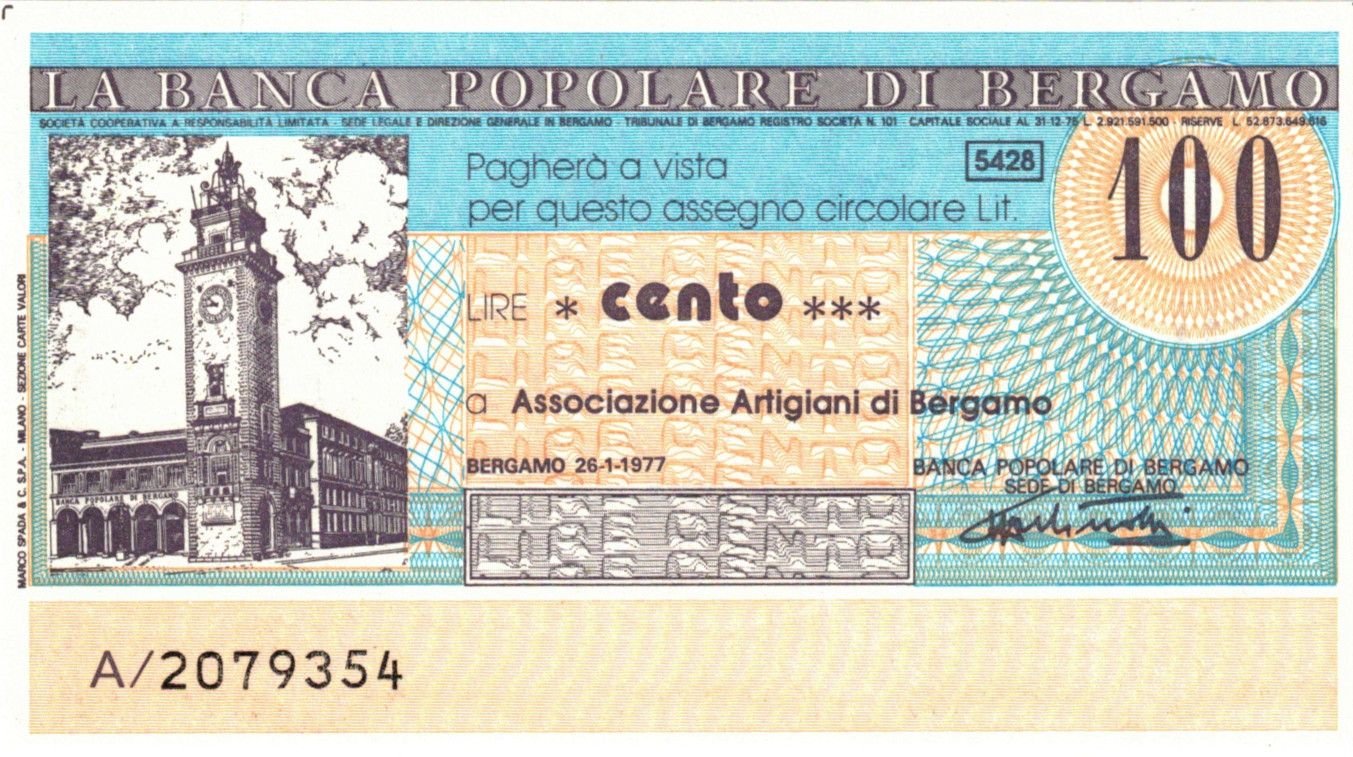 Аверс банкноты 100 лир Banca Popolare di Bergamo (Италия) 1976 года