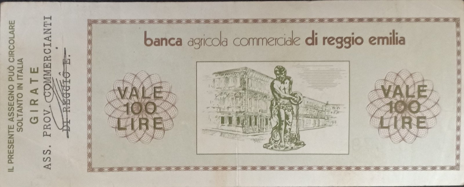 Реверс банкноты 100 лир Banca Agricola Commerciale di Reggio Emilia (Италия) 1976 года