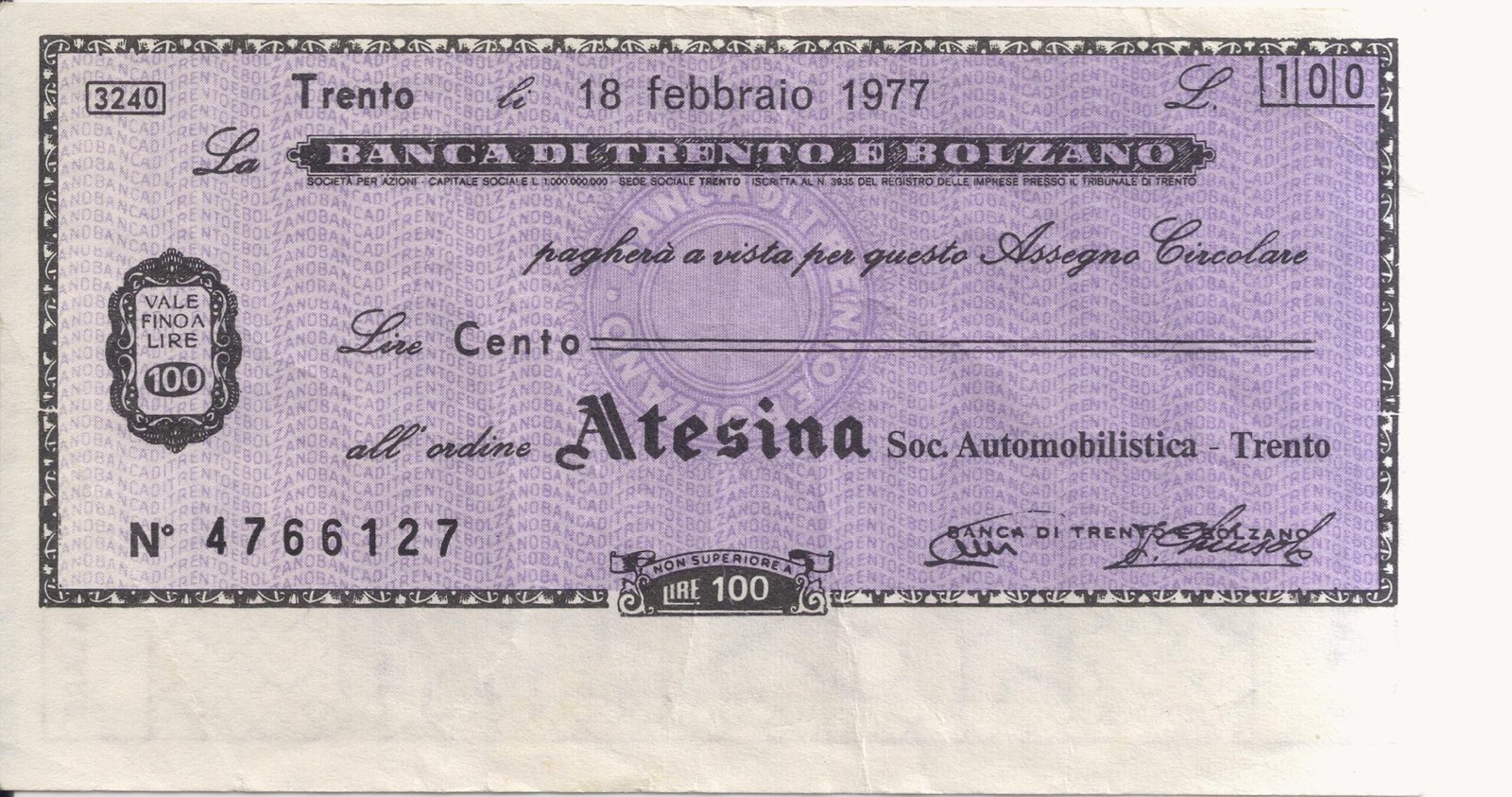 Аверс банкноты 100 лир Banca di Trento e Bolzano - 1-й тип (Италия) 1976 года