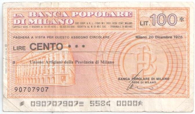 Аверс банкноты 100 лир Banca Popolare di Milano (Италия) 1976 года