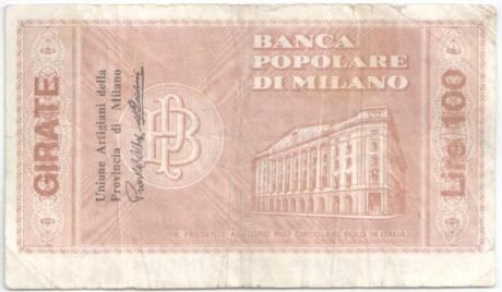Реверс банкноты 100 lirów Banca Popolare di Milano (Włochy) 1976
