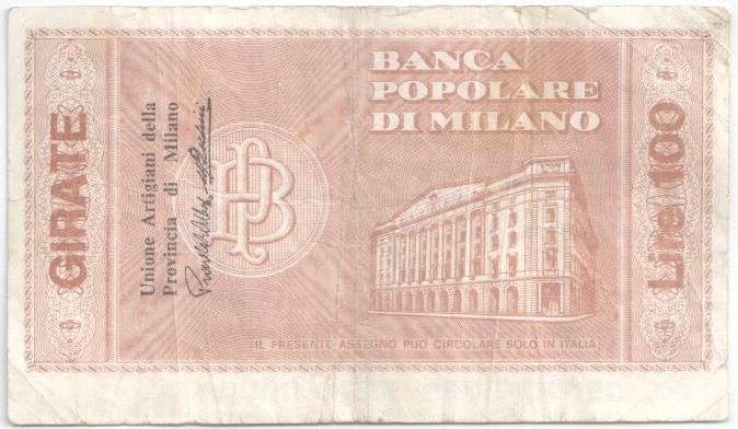 Реверс банкноты 100 лир Banca Popolare di Milano (Италия) 1976 года